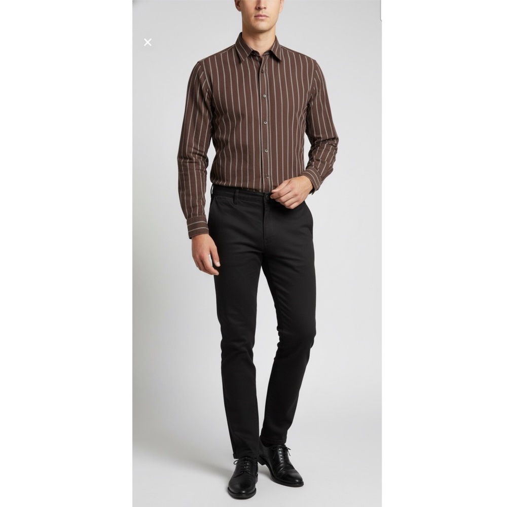 HERITAGE Men's Brown Striped Shirt Plus Size Button Down Long Sleeve‎ Business